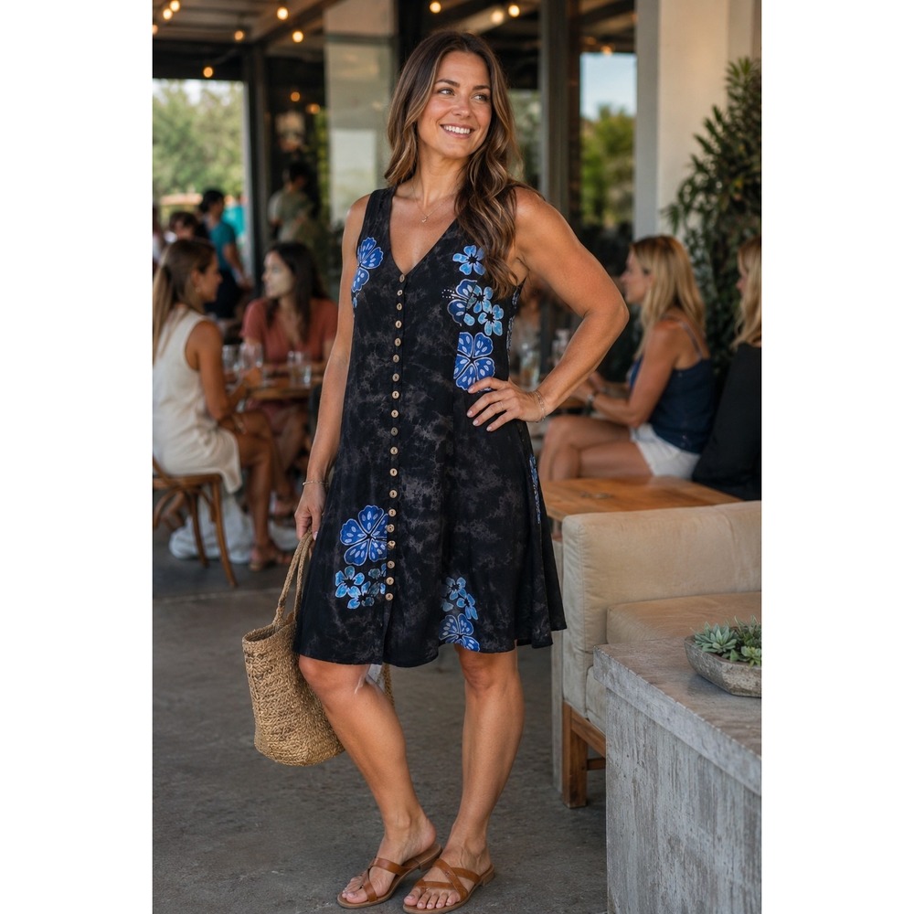 Willy Womens M Black Blue Floral Batik Rayon Button Front Tie Back Dress -3562